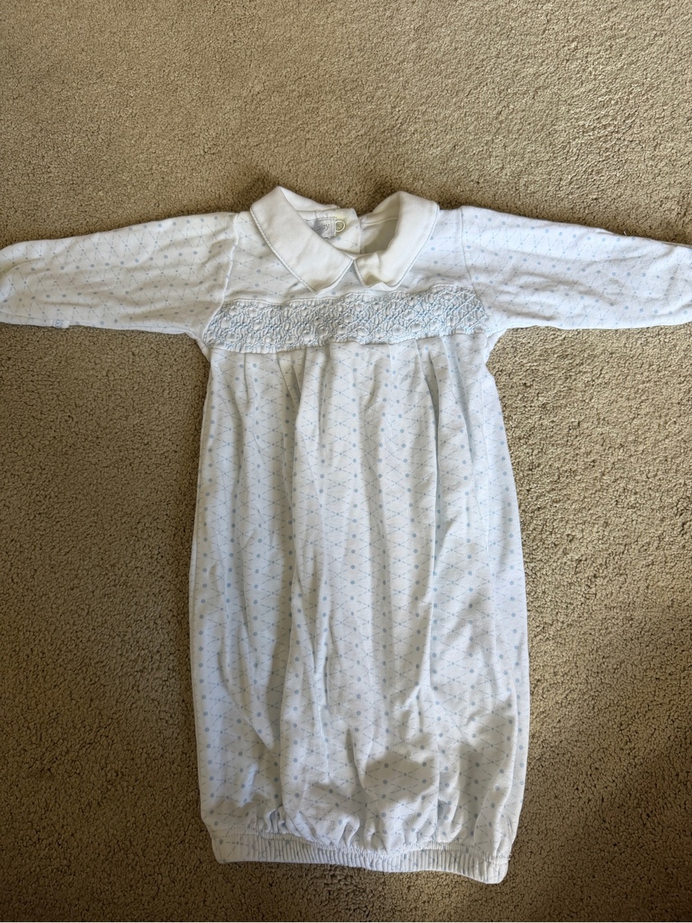White Smocked Baby Sleep Sack with Light Blue Dot Detail